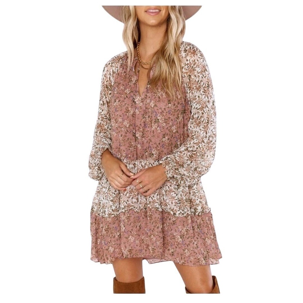 Show Me Your Mumu Birdie Dress Tiered Boho Cottage L Floral Pink Sheer Peasant - Picture 2 of 15